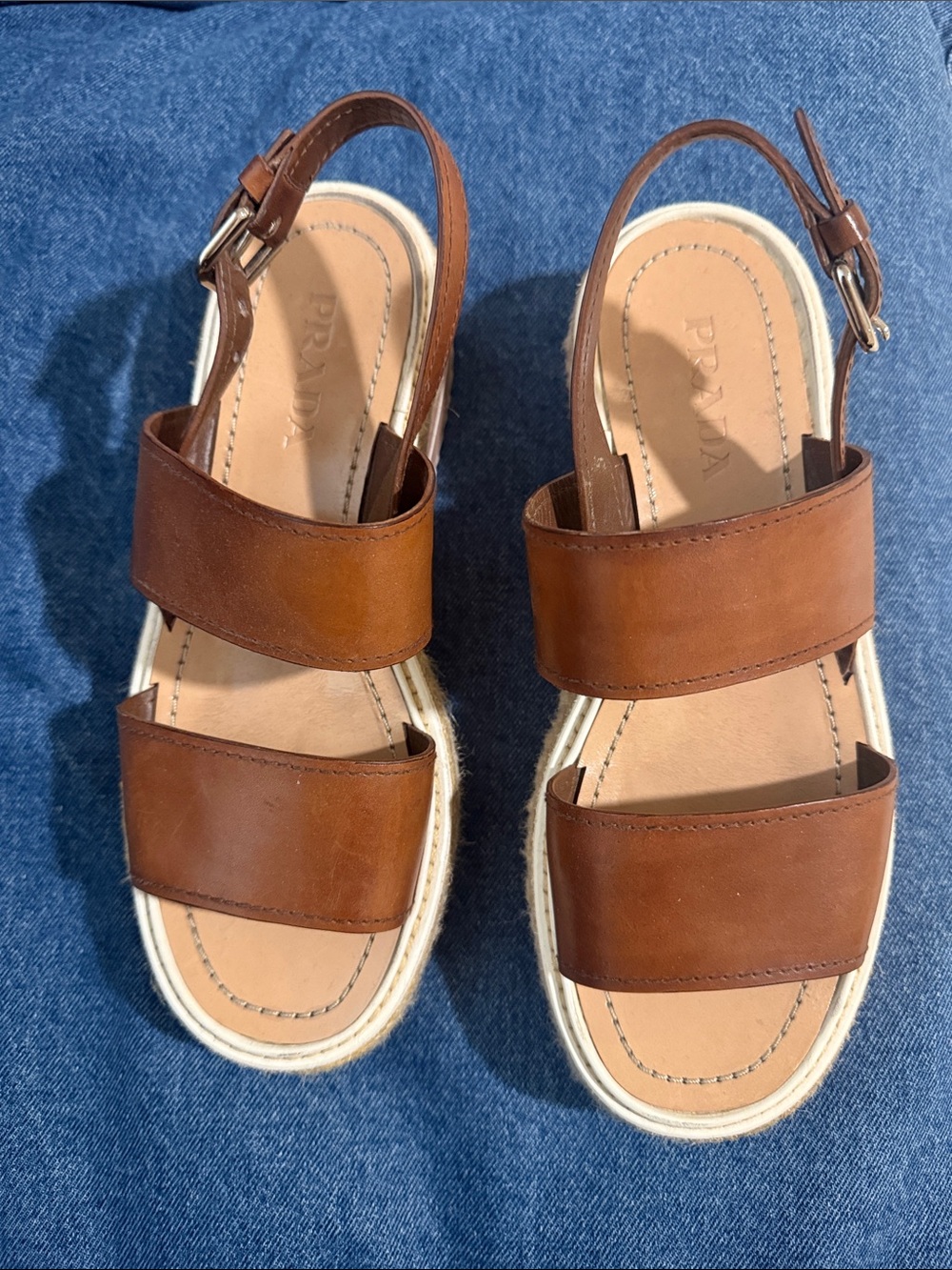 Prada Tan Leather Double-Strap Espadrille Sandals